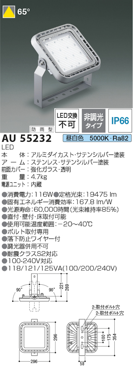 コイズミ照明 AU55232 防雨型屋内用ハイパワー投光器 非調光タイプ HID400W相当［メタハラ400W相当］ 昼白色