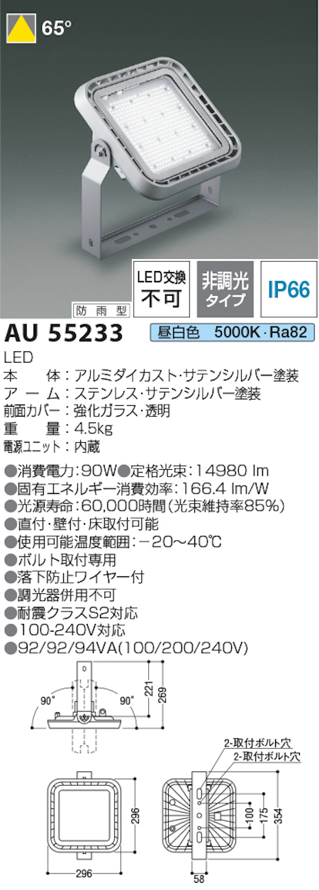 コイズミ照明 AU55233 防雨型屋内用ハイパワー投光器 非調光タイプ HID300W相当［HF(水銀灯)400W相当］ 昼白色