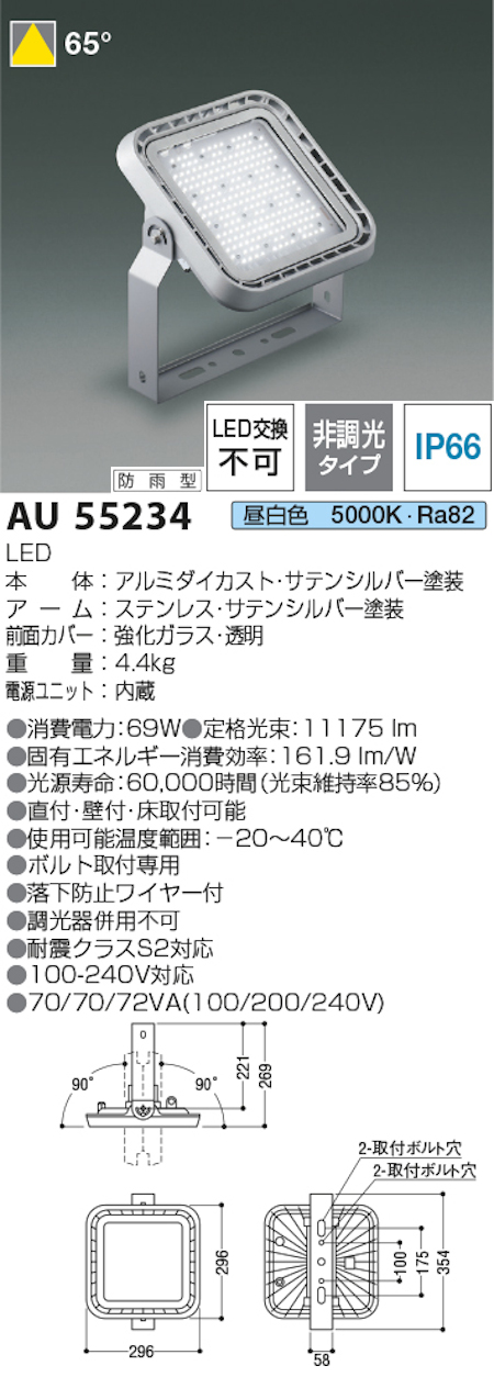 コイズミ照明 AU55234 防雨型屋内用ハイパワー投光器 非調光タイプ HID250W相当［メタハラ250W相当］ 昼白色