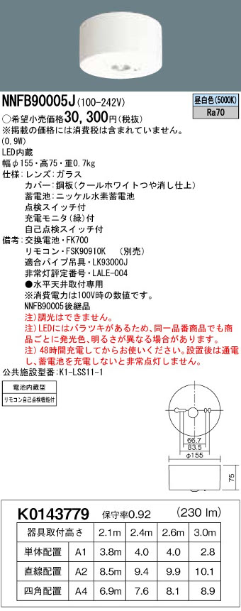 電材 BLUEWOOD / パナソニック NNFB90005J<br>LED非常用照明器具 直付型<br>昼白色 非常 時点灯30分間<br>リモコン自己点検機能付<br>低天井小空間用(～3m)<br>リモコン別売