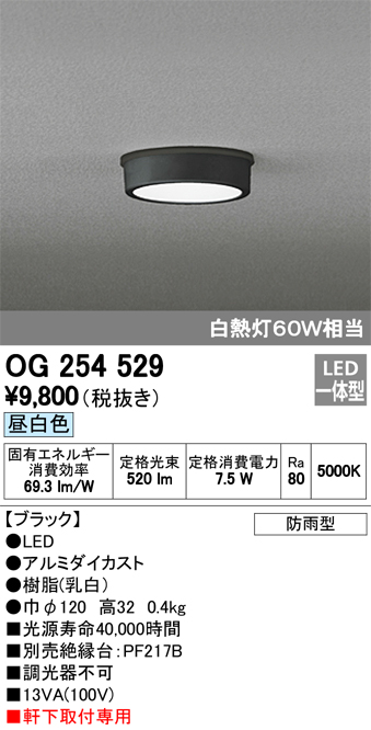 オーデリック OG254529 軒下用シーリングダウンライト 非調光タイプ 白熱灯60W相当昼白色 ブラック