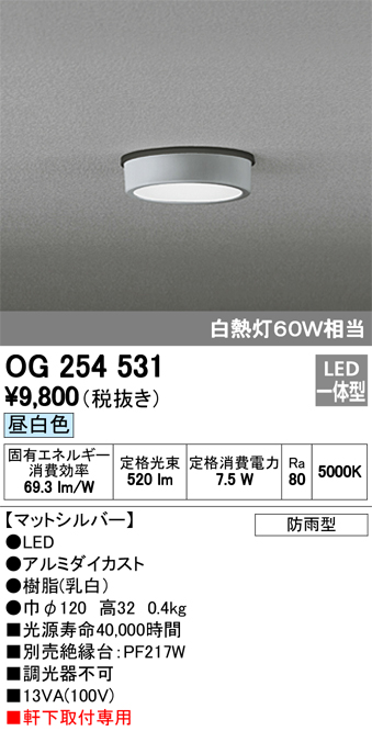オーデリック OG254531 軒下用シーリングダウンライト 非調光タイプ 白熱灯60W相当昼白色 マットシルバー