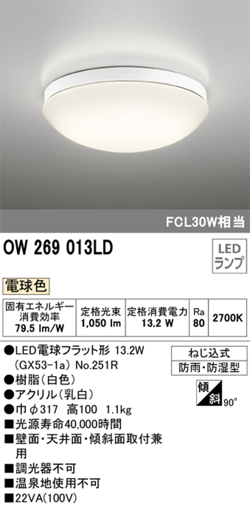 オーデリック OW269013LD 屋外用LED共用灯 ランプ交換可能防雨・防湿型  FCL30W相当 電球色