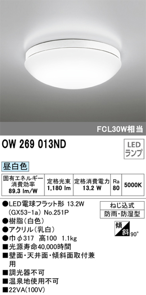 オーデリック OW269013ND 屋外用LED共用灯 ランプ交換可能防雨・防湿型 FCL30W相当 昼白色