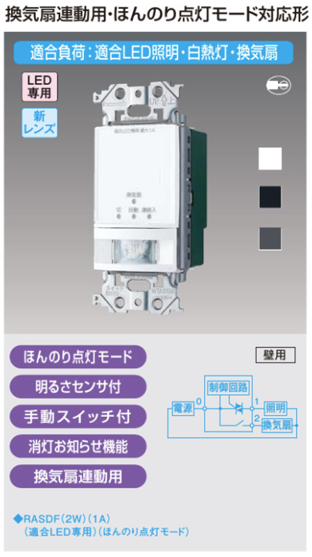 パナソニック WTA1274W トイレ壁取付 熱線センサ付自動スイッチ 2線式 適合LED専用1A・換気扇連動用・ほんのり点灯モード対応形  検知後連続点灯時間約10秒～30分可変形 消灯お知らせ機能・明るさセンサ付 色マットホワイト