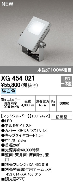 オーデリック XG454021 屋外用LED投光器 水銀灯100W相当  昼白色 色マットシルバー