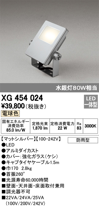 オーデリック XG454024 屋外用LED投光器 水銀灯80W相当  電球色 色マットシルバー