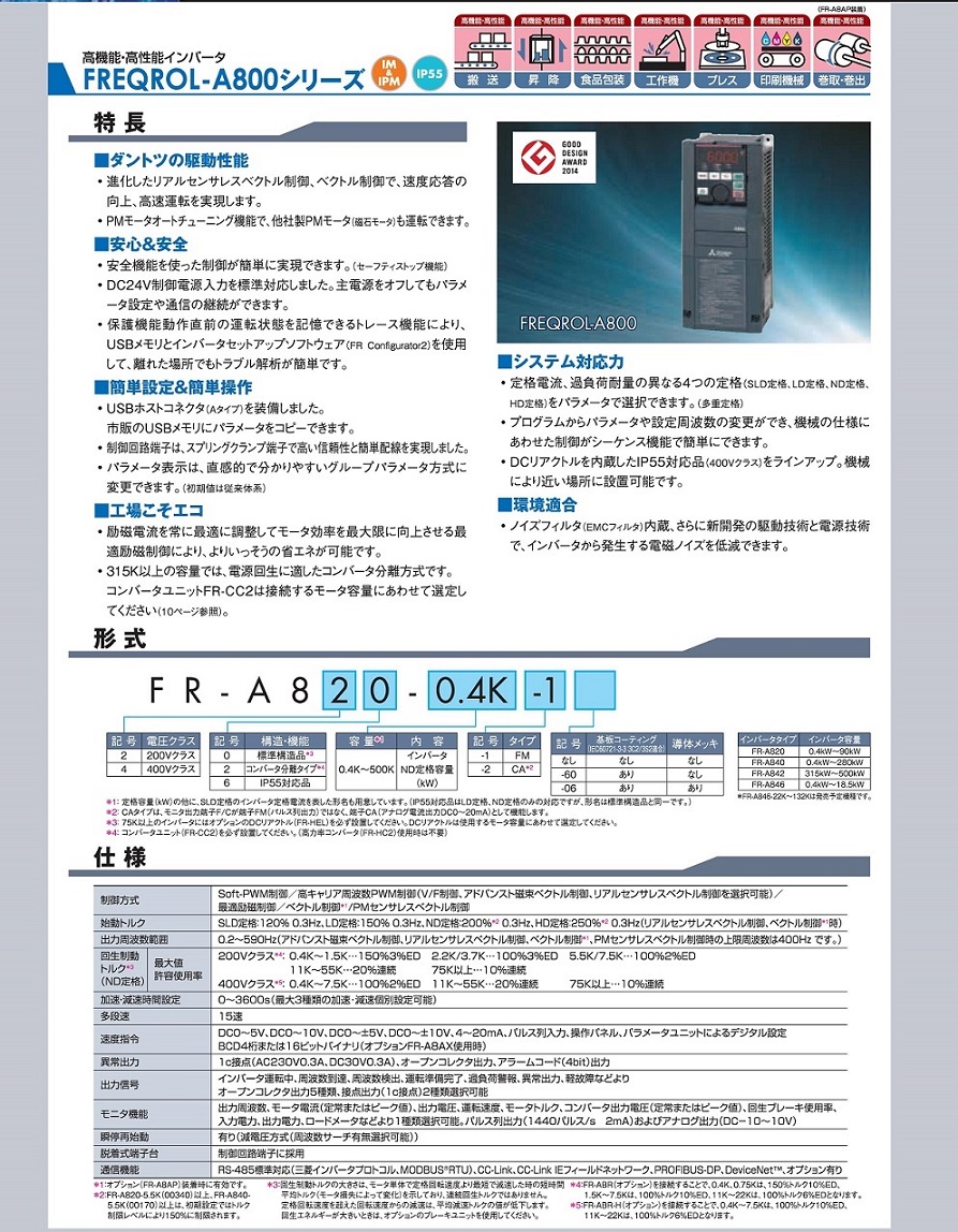 三菱電機 FR-A820-18.5K-1  高機能・高性能インバータ FREQROL-A800シリーズ 三相200V インバータ(ND)定格容量18.5KW - 2